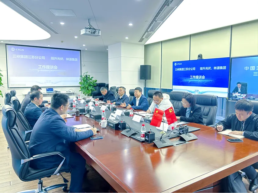 琏升光伏科技董事长王新与长江三峡集团江苏分公司总经理兼长江三峡集团江苏能源投资有限公司董事长袁英平交流会谈